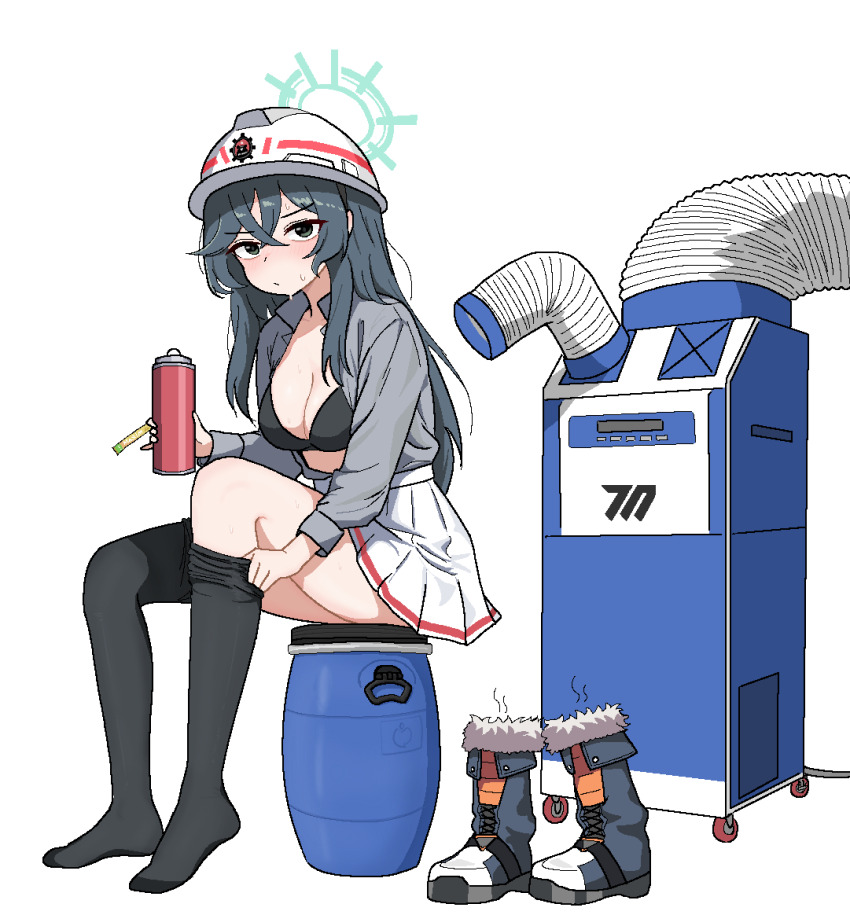 1girl, air_conditioner, barrel, black_bra, black_hair, blue_archive, blue_boots, boots