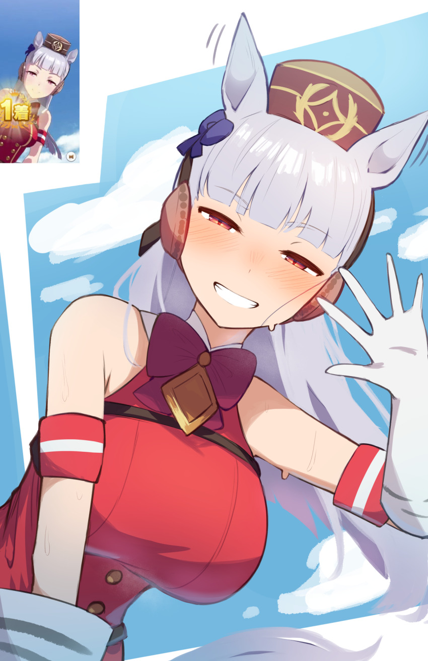 1girl, animal_ears, armpit_crease, blue_bow, blue_sky, bow, bowtie, breasts