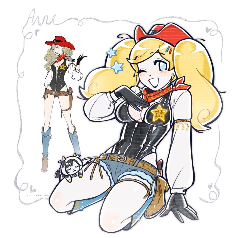 2girls, big_hair, bijouoffline, blonde_hair, concept_art, cowboy_hat, cowboy_western, hat, highres, kneeling, leotard, leotard_under_clothes, long_sleeves, multiple_girls, one_eye_closed, persona, persona_5:_dancing_star_night, persona_dancing, production_art, prototype_design, suzui_shiho, takamaki_anne, twintails