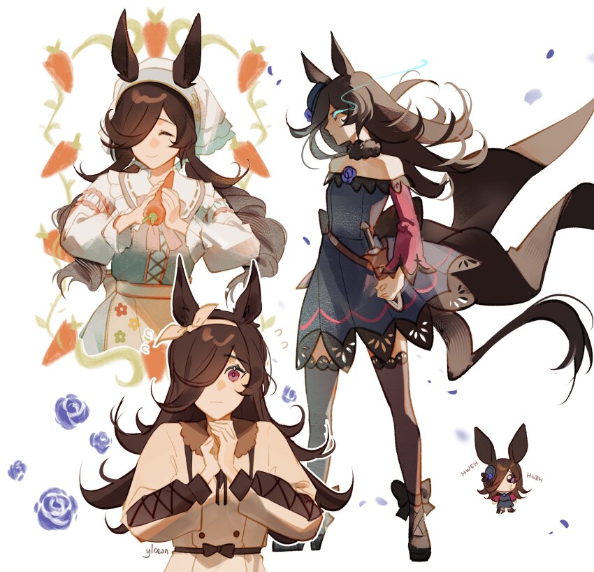 1girl, absurdres, animal_ears, artist_name, blue_eyes, blue_flower, blue_rose, brown_hair, brown_shoes, brown_thighhighs, carrot, chibi, chibi_inset, clenched_teeth, closed_eyes, commentary, cropped_torso, dress, english_commentary, flower, green_dress, hair_over_one_eye, hairband, highres, holding, holding_carrot, horse_ears, horse_girl, horse_tail, long_hair, multiple_views, own_hands_clasped, own_hands_together, pinafore_dress, purple_eyes, rice_shower_(umamusume), rice_shower_(yummy_dreamy_fairy)_(umamusume), rose, shirt, shoes, simple_background, sleeveless, sleeveless_dress, swept_bangs, tail, teeth, thighhighs, umamusume, upper_body, white_background, white_dress, white_hairband, white_shirt, ylceon