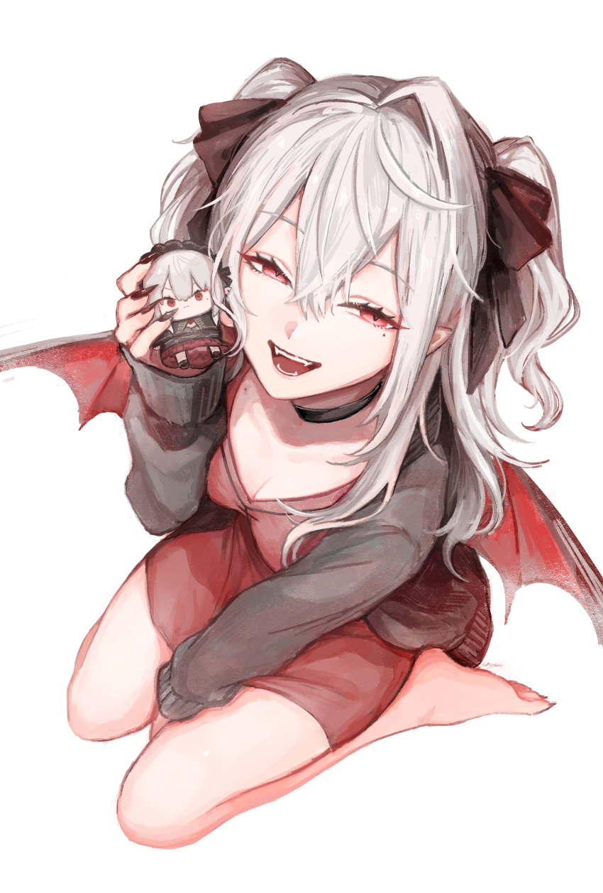 1girl, absurdres, barefoot, black_choker, black_jacket, black_nails, black_ribbon, breasts