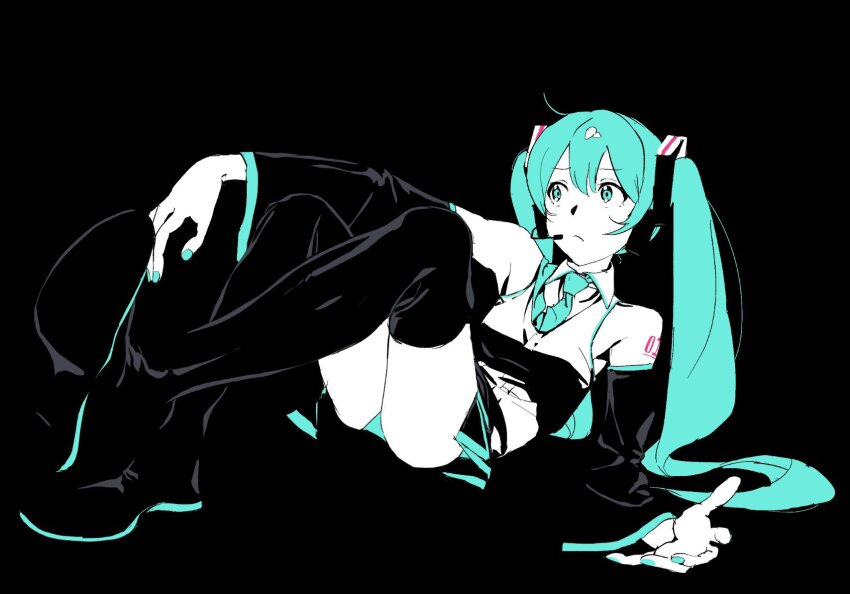 1girl, aqua_eyes, aqua_nails, aqua_necktie, aqua_panties, arm_tattoo, bare_shoulders, black_background