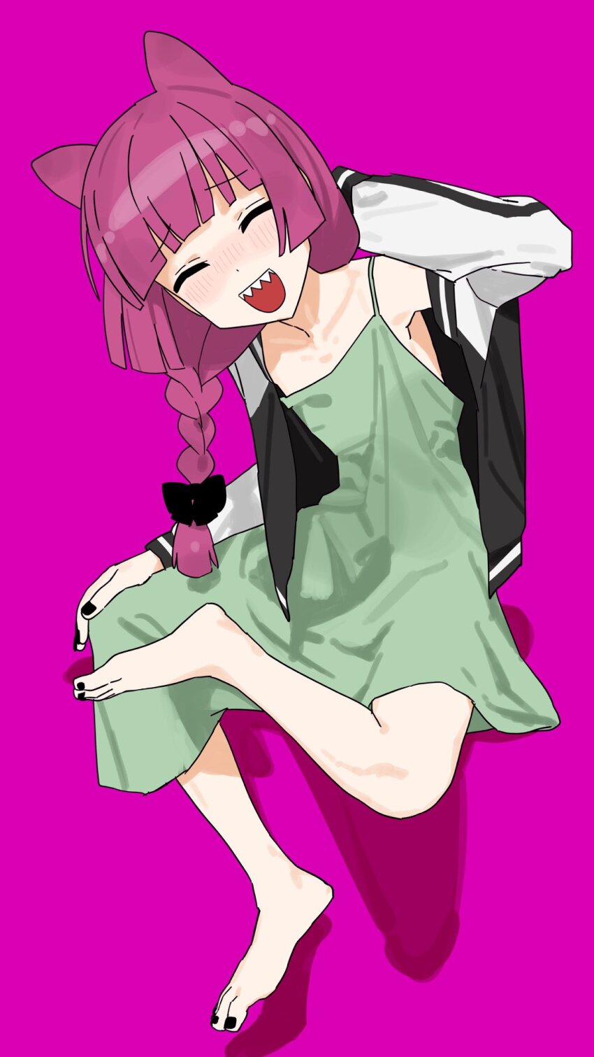 1girl, animal_ears, arm_behind_head, barefoot, black_nails, blush, bocchi_the_rock!, bow