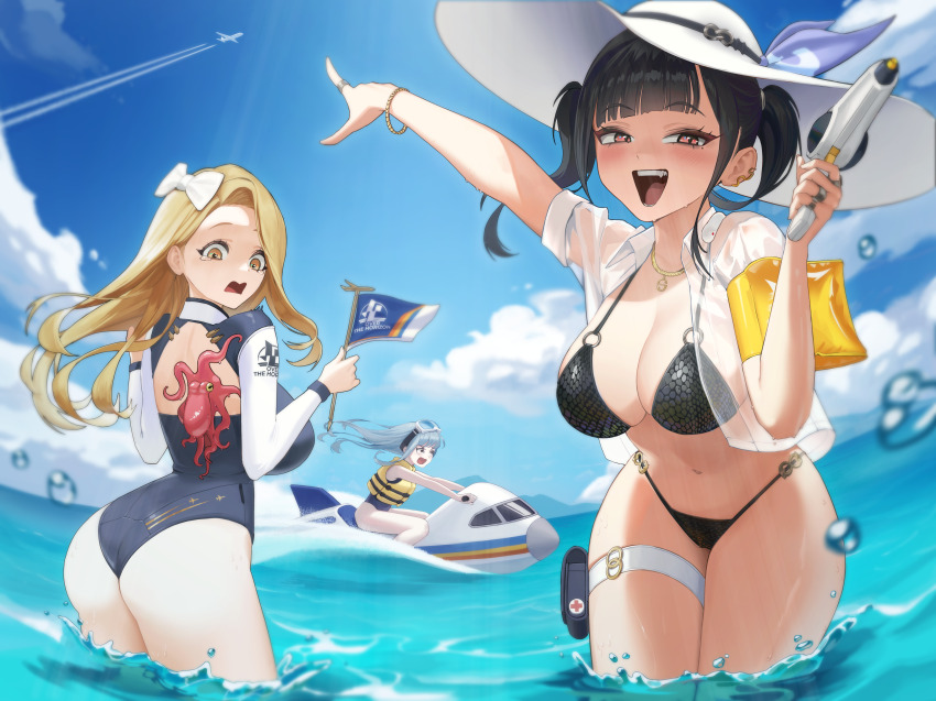 3girls, :d, absurdres, aircraft, airplane, alternate_costume, animal_on_back, ass, back_cutout, bare_shoulders, bikini, black_bikini, black_hair, black_wetsuit, blonde_hair, blue_hair, blue_one-piece_swimsuit, blue_sky, blunt_bangs, blush, bodysuit, bow, bracelet, breasts, cielo_(nikke), cleavage, clothing_cutout, cloud, commentary, contrail, cowboy_shot, day, diving_suit, fang, flag, goddess_of_victory:_nikke, hair_bow, hat, highres, holding, holding_flag, holding_water_gun, jet_ski, jewelry, large_breasts, life_vest, long_hair, looking_at_viewer, multiple_girls, multiple_rings, navel, necklace, ocean, octopus, one-piece_swimsuit, open_clothes, open_mouth, open_shirt, outdoors, over_the_horizon_(nikke), parted_hair, pointing, pouch, red_eyes, ring, sanakk, see-through_clothes, see-through_shirt, shirt, sitting, sky, sky_(nikke), smile, sora_(nikke), standing, stomach, sun_hat, swimsuit, tearing_up, teeth, thigh_pouch, thigh_strap, twintails, upper_teeth_only, wading, water_drop, water_gun, watercraft, wet, wet_clothes, wet_shirt, wetsuit, white_bow, white_hat, white_shirt, yellow_eyes