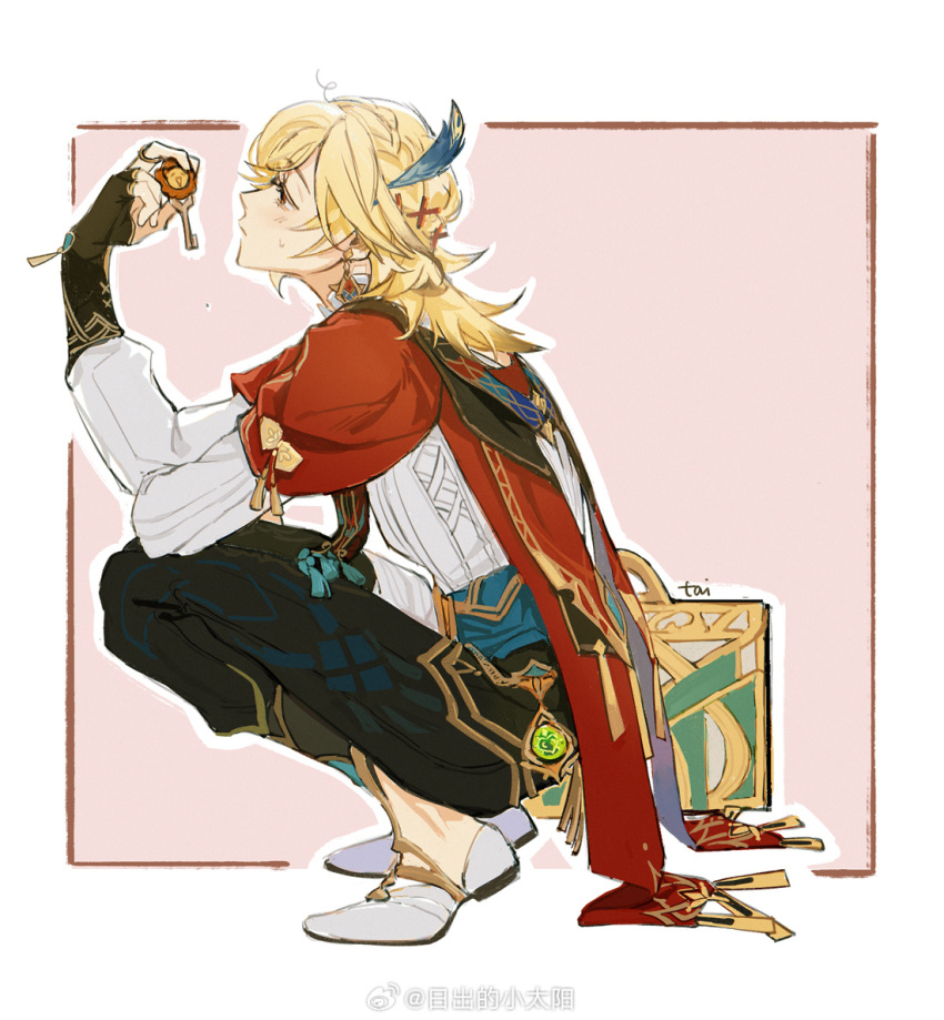 1boy, blonde_hair, cape, genshin_impact, kaveh_(genshin_impact), key, long_hair, panties