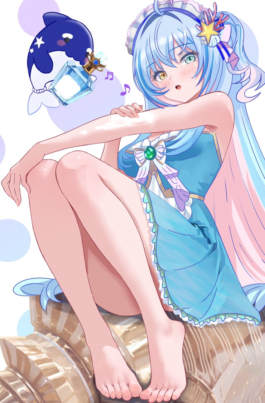 1girl, absurdres, ahoge, aoi_minato_(vtuber), armpit_crease, bare_legs, bare_shoulders, barefoot