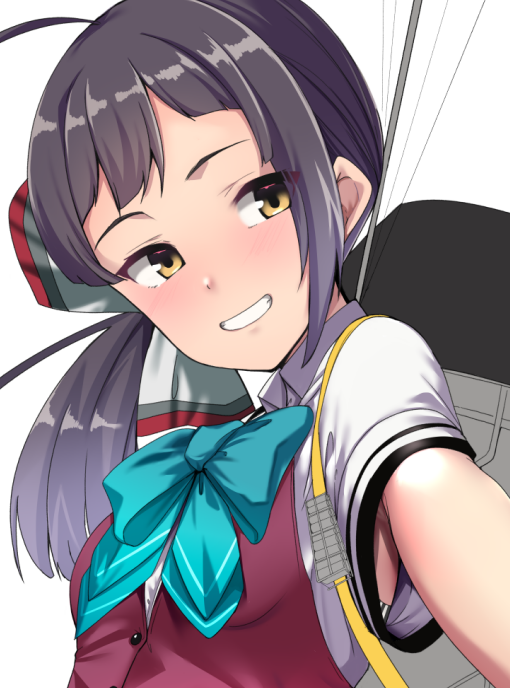 1girl, ahoge, aqua_bow, aqua_bowtie, asymmetrical_bangs, black_hair, bow, bowtie