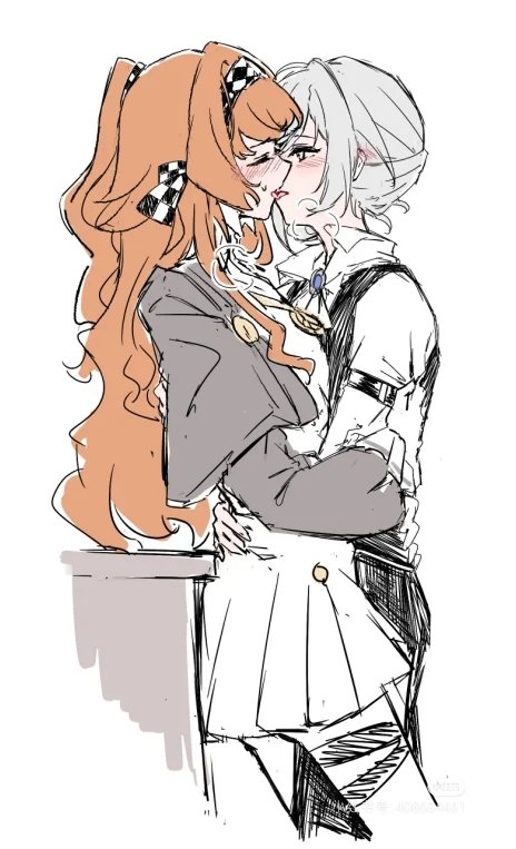 2girls, 7nosuke, black_vest, blush, closed_eyes, collared_shirt, commentary, dress