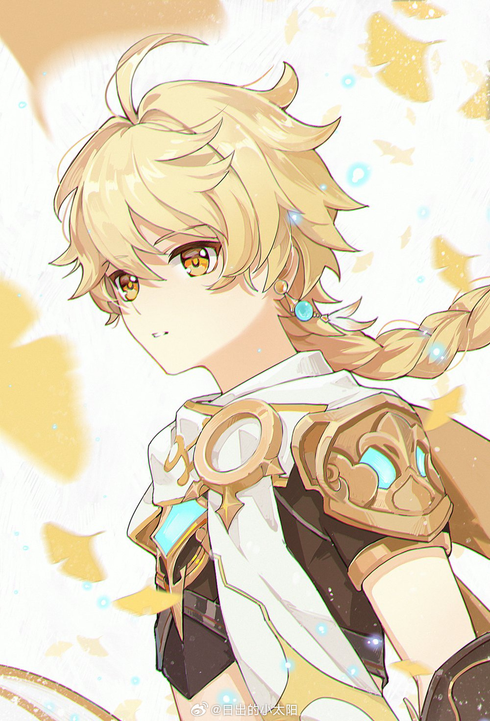 1boy, aether_(genshin_impact), blonde_hair, cape, earrings, genshin_impact, ginkgo_leaf, highres, jewelry, leaf, long_hair, open_mouth, richu_de_xiao_taiyang, scarf, solo, yellow_eyes