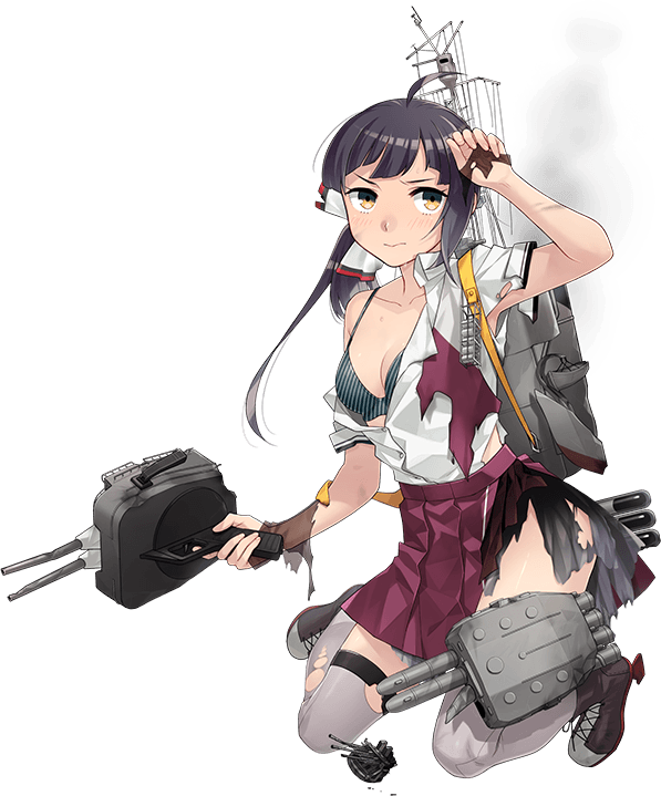 1girl, adapted_turret, ahoge, anti-aircraft, anti-aircraft_gun, aqua_bow, aqua_bowtie, asymmetrical_bangs, black_hair, bow, bowtie, bra, breasts, collared_shirt, cut_bangs, dress_shirt, fujikawa, fujinami_(kancolle), fujinami_kai_ni_(kancolle), full_body, grey_bra, grey_thighhighs, hair_ribbon, kantai_collection, kneeling, medium_hair, official_art, pleated_skirt, purple_skirt, ribbon, school_uniform, seamed_legwear, ship_turret, shirt, side-seamed_legwear, side_ponytail, skirt, small_breasts, smile, solo, summer_uniform, thighhighs, torn_clothes, torn_shirt, torn_skirt, torpedo, transparent_background, type_96_aa_gun, underwear, white_ribbon, white_shirt, yellow_eyes