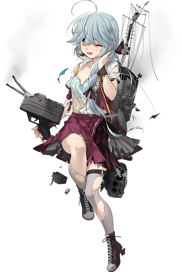 1girl, adapted_turret, ahoge, aqua_bow, aqua_bowtie, black_ribbon, blue_camisole, bow, bowtie, braid, breasts, brown_eyes, brown_gloves, camisole, commentary_request, fujikawa, full_body, gloves, gradient_camisole, green_eyes, grey_hair, grey_thighhighs, hair_over_eyes, hamanami_(kancolle), hamanami_kai_ni_(kancolle), kantai_collection, long_hair, official_art, one_eye_closed, open_mouth, pleated_skirt, purple_skirt, purple_vest, ribbon, rigging, short_sleeves, single_braid, skirt, small_breasts, smoke, solo, standing, summer_uniform, thighhighs, torn_clothes, torn_gloves, transparent_background, vest