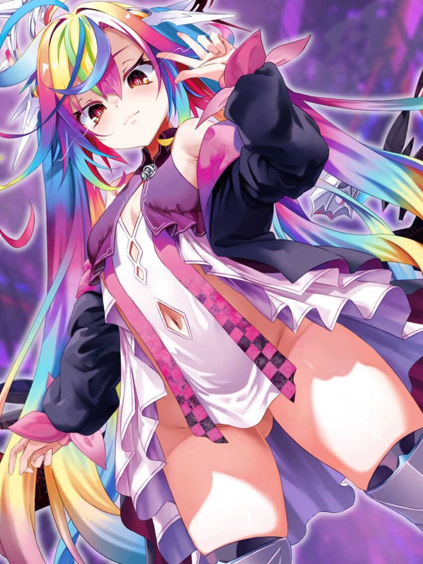 1girl, ahoge, aqua_hair, bare_shoulders, blonde_hair, blue_hair, blush, breasts, bright_pupils, character_name, checkered_clothes, chess_piece, clothing_cutout, commentary_request, diamond_cutout, dress, eye_trail, fang, gluteal_fold, gradient_hair, groin, hair_between_eyes, halo, highres, huge_ahoge, joints, light_trail, long_hair, looking_at_viewer, luminaria_pro, mechanical_legs, miro_ochite, multicolored_hair, narushi_sasu, navel, navel_cutout, ochite_miro, open_mouth, orange_eyes, outline, pink_hair, purple_hair, rainbow_hair, robot_joints, skin_fang, small_breasts, smile, sparkle, thighs, twintails, very_long_hair, virtual_youtuber, w, white_outline, white_pupils, yellow_eyes