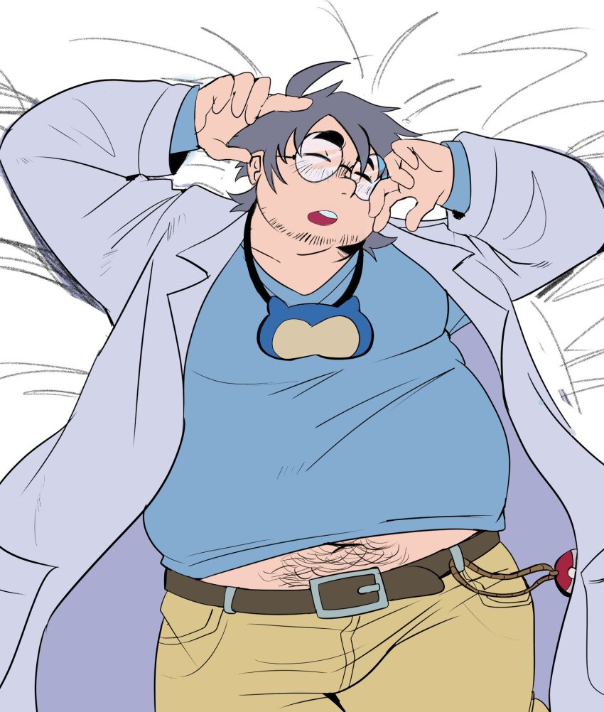 1boy, bara, beard_stubble, belly, bimbalabam, blue_shirt, blush, brown_shorts, closed_eyes, commentary, english_commentary, facial_hair, fat, fat_man, gay, grey_hair, highres, lab_coat, lying, male_focus, midriff_peek, navel_hair_peek, nintendo, on_back, on_bed, open_mouth, poke_ball, pokemon, pokemon_sleep, professor_neroli, round_eyewear, shirt, shorts, sleep_mask, stubble