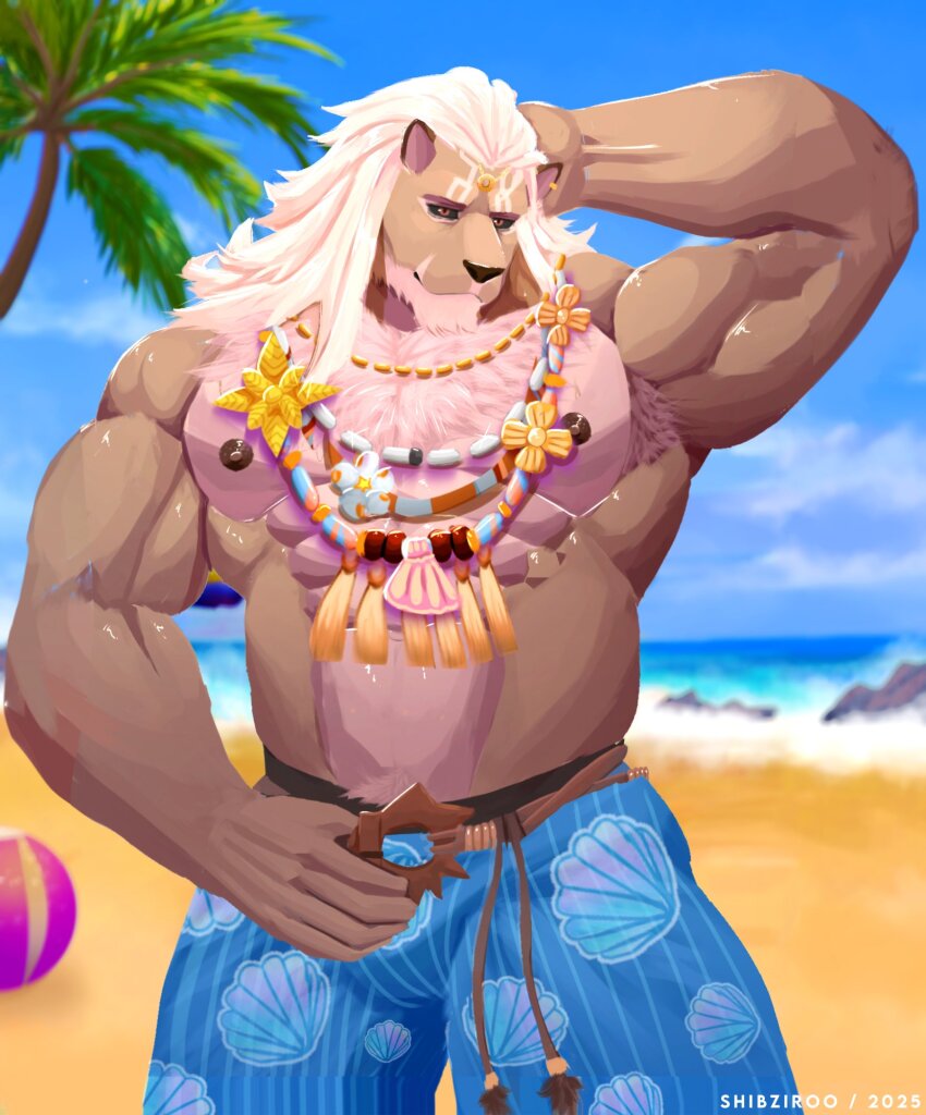 1boy, abs, animal_ears, artist_name, ball, bara, beachball, black_sclera