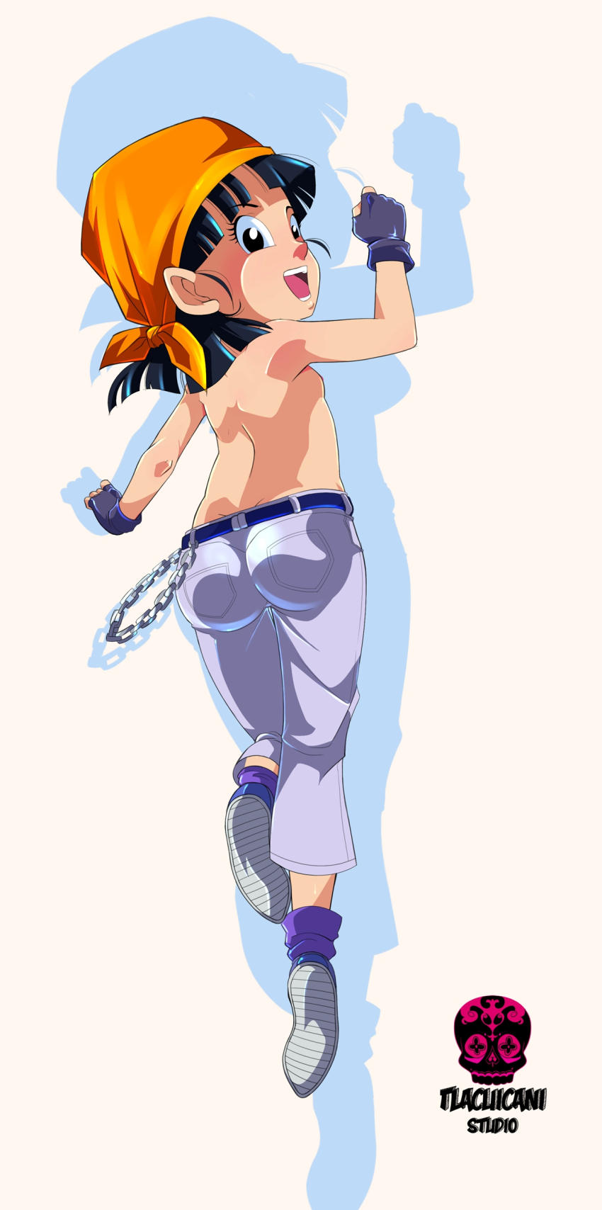 1girl, absurdres, ass, belt, black_eyes, black_gloves, black_hair, blue_belt, blue_shoes, blue_socks, breasts, chain, dragon_ball, dragon_ball_gt, fingerless_gloves, from_behind, gloves, grey_pants, headscarf, highres, jumping, loli, looking_at_viewer, looking_back, nipples, open_mouth, orange_headscarf, pan_(dragon_ball), pants, shoes, short_hair, small_breasts, smile, socks, solo, teeth, tlacuicani, topless_female, white_background