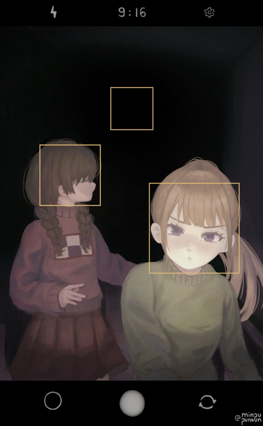 2girls, absurdres, black_background, blonde_hair, braid, brown_hair, closed_eyes, closed_mouth, facial_recognition, fake_phone_screenshot, fake_screenshot, green_sweater, highres, horror_(theme), long_sleeves, looking_at_viewer, looking_back, low_twin_braids, madotsuki, medium_hair, minpupunkun, multiple_girls, parted_lips, pink_sweater, poniko, ponytail, purple_eyes, red_skirt, simple_background, skirt, sweater, twin_braids, twitter_username, yume_nikki