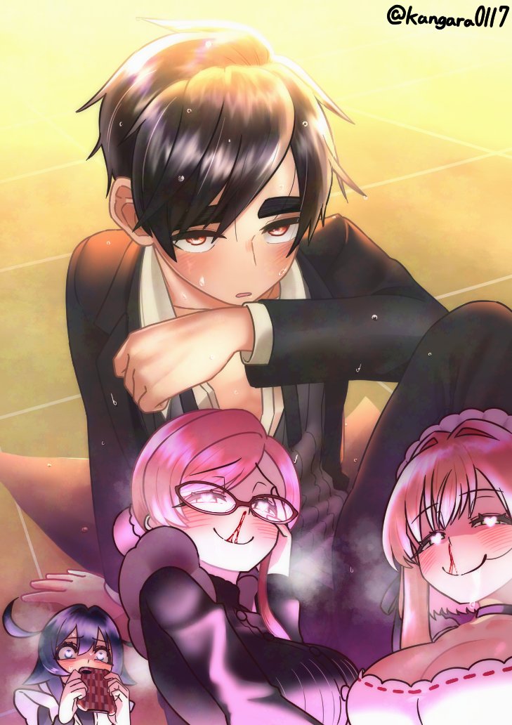 1boy, 3girls, aijou_rentarou, artist_name, black_hair, blush, breasts, brown_hair