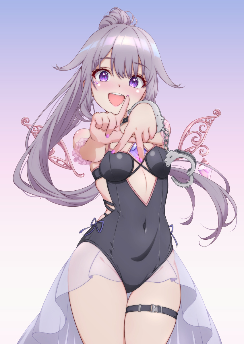 1girl, :d, absurdres, bare_arms, bare_shoulders, black_collar, black_one-piece_swimsuit, breasts, chest_jewel, collar, commentary, covered_navel, cowboy_shot, cuffs, detached_wings, english_commentary, gradient_background, grey_hair, handcuffs, highres, hololive, hololive_english, jewel_under_eye, koseki_bijou, koseki_bijou_(holonatsu_paradise), light_blush, long_hair, looking_at_viewer, metal_wings, nail_polish, o-ring_collar, official_alternate_costume, official_alternate_hairstyle, one-piece_swimsuit, open_mouth, p-nekoe, pink_nails, ponytail, purple_background, purple_eyes, small_breasts, smile, solo, swimsuit, teeth, thigh_gap, thigh_strap, upper_teeth_only, v, very_long_hair, virtual_youtuber, white_background, wings