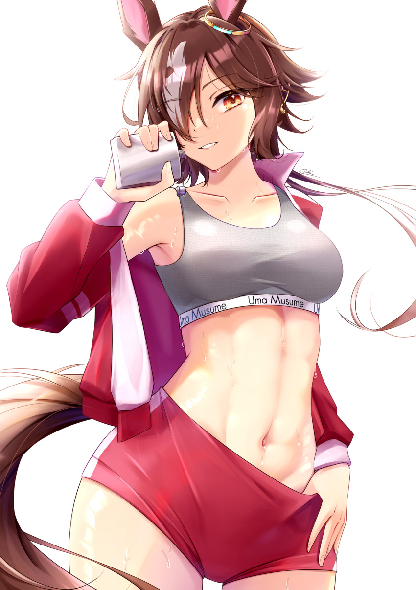 1girl, absurdres, animal_ears, breasts, brown_eyes, brown_hair, buruma, buruma_pull, canteen, clothes_pull, collarbone, commentary, cowboy_shot, ear_ornament, english_commentary, grey_sports_bra, groin, hair_between_eyes, hair_over_one_eye, highres, holding_canteen, horse_ears, horse_girl, horse_tail, jacket, long_hair, long_sleeves, looking_at_viewer, low_ponytail, medium_breasts, midriff, multicolored_hair, navel, off_shoulder, open_clothes, open_jacket, oukei, parted_lips, ponytail, red_buruma, red_jacket, sidelocks, signature, single_bare_shoulder, smile, solo, sports_bra, standing, sweat, tail, tracen_training_uniform, track_jacket, umamusume, vodka_(umamusume), white_hair