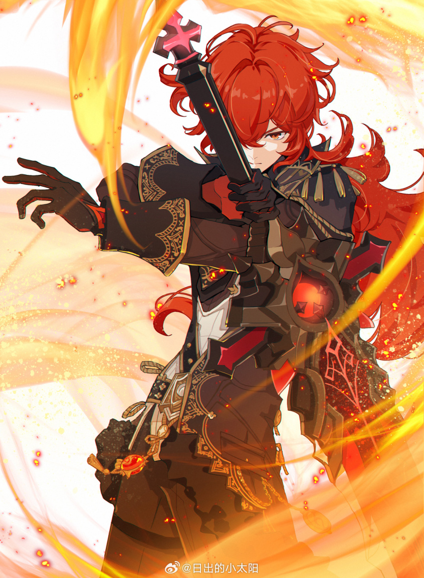 diluc_(genshin_impact), fire, genshin_impact, gloves, highres, jewelry, long_hair, ponytail