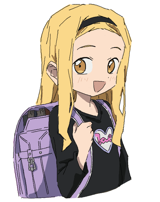 1girl, :d, backpack, bag, black_shirt, blonde_hair, book, child