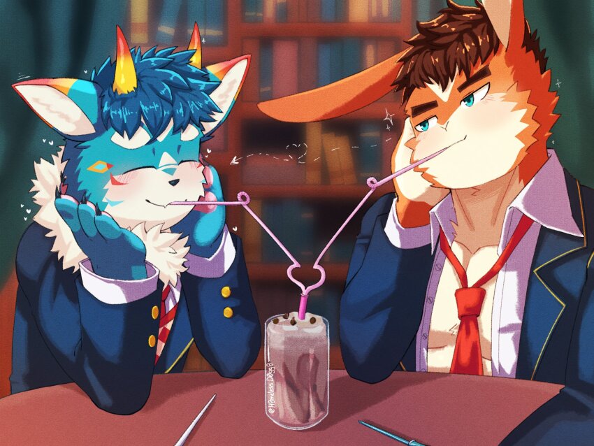 2boys, animal_ears, arrow_(symbol), artist_name, blazer, blue_eyes, blush, claws