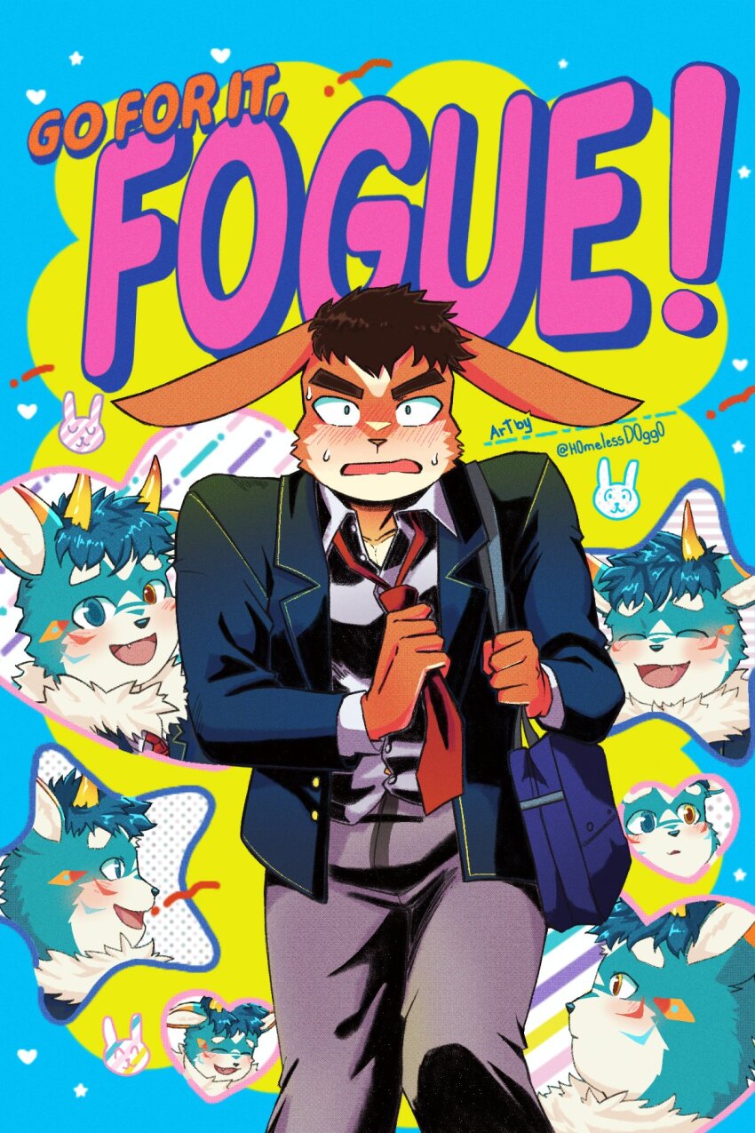 2boys, animal_ears, artist_name, bag, blazer, blush, character_name, commentary