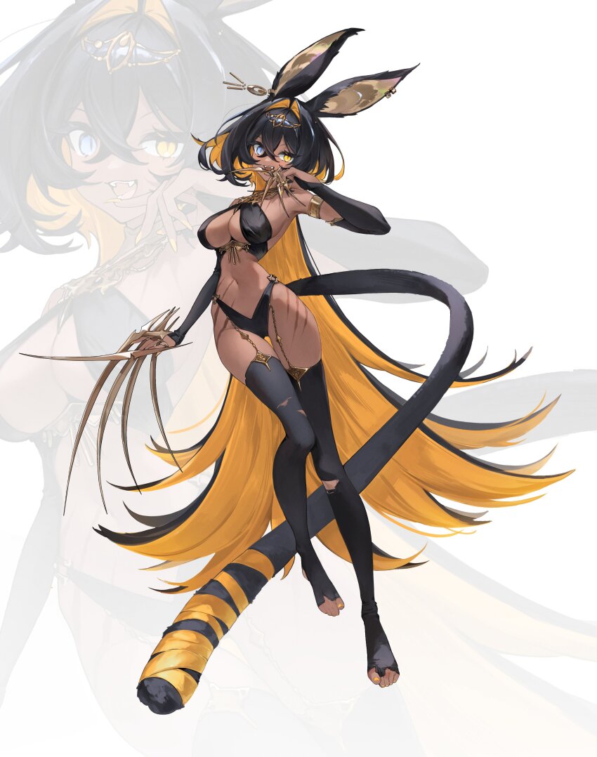 1girl, absurdres, animal_ears, armlet, black_hair, black_thighhighs, blonde_hair, blue_eyes, breasts, claw_(weapon), cleavage, colored_inner_hair, commentary, crossed_bangs, dark-skinned_female, dark_skin, detached_sleeves, earclip, forehead_jewel, full_body, hair_between_eyes, hair_intakes, hand_to_own_mouth, heterochromia, highres, jewelry, jyuuku, large_breasts, long_hair, looking_at_viewer, multicolored_hair, nail_polish, navel, no_shoes, open_mouth, original, revealing_clothes, ribbon, scar, scar_on_hip, scar_on_leg, slit_pupils, solo, stirrup_legwear, tail, tail_ornament, tail_ribbon, thigh_gap, thighhighs, toeless_legwear, toenail_polish, toenails, toes, two-tone_hair, very_long_hair, very_long_tail, weapon, yellow_eyes, yellow_nails, yellow_ribbon, zoom_layer