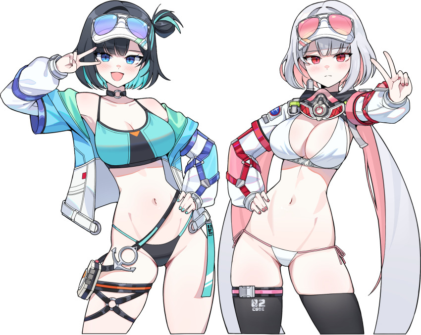 2girls, aqua_hair, arm_up, armpits, bare_shoulders, belt, belt_buckle, bikini, black_bikini, black_choker, black_hair, black_survival, black_thighhighs, blue_bikini, blue_eyes, blue_jacket, breasts, buckle, choker, cleavage, closed_mouth, colored_inner_hair, commentary_request, contrapposto, cowboy_shot, dalgam12, debi_(black_survival), debi_(cotton_candy)_(black_survival), eternal_return:_black_survival, eyewear_on_headwear, gas_mask, hair_bun, hand_on_own_hip, highres, jacket, korean_commentary, large_breasts, long_hair, long_sleeves, looking_at_viewer, loose_belt, low_twintails, marlene_(black_survival), marlene_(cotton_candy)_(black_survival), mask, mask_around_neck, multicolored_bikini, multicolored_hair, multicolored_jacket, multiple_girls, official_alternate_costume, open_clothes, open_jacket, open_mouth, outstretched_arm, pink_hair, red_eyes, see-through_clothes, see-through_sleeves, short_hair, shrug_(clothing), side-tie_bikini_bottom, simple_background, single_side_bun, skindentation, smile, standing, string_bikini, sunglasses, swimsuit, thigh_strap, thighhighs, tinted_eyewear, twintails, two-tone_bikini, two-tone_jacket, v, very_long_hair, visor_cap, white_background, white_bikini, white_hair
