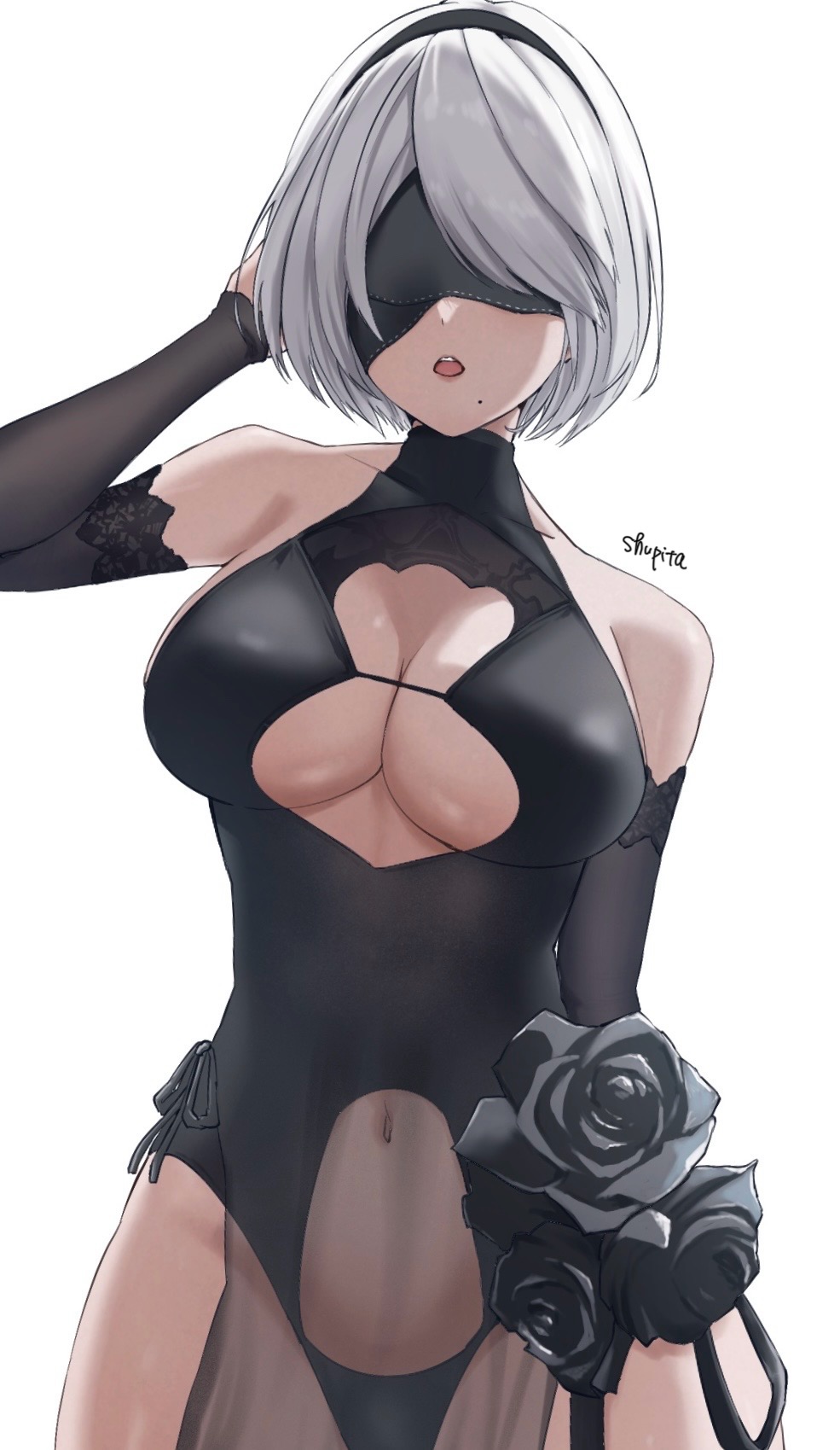1girl, 2b_(nier:automata), 2b_(yorha_unofficial_waterfront_gear)_(nikke), :o, arm_up, bare_shoulders, black_flower, black_hairband, black_one-piece_swimsuit, black_rose, blindfold, breasts, cleavage, cleavage_cutout, clothing_cutout, covered_navel, curvy, flower, goddess_of_victory:_nikke, hairband, highleg, highleg_one-piece_swimsuit, highres, large_breasts, lips, mole, mole_under_mouth, nier:automata, nier_(series), one-piece_swimsuit, pelvic_curtain, rose, see-through_clothes, see-through_pelvic_curtain, short_hair, shupita, simple_background, solo, swimsuit, white_background, white_hair, wide_hips