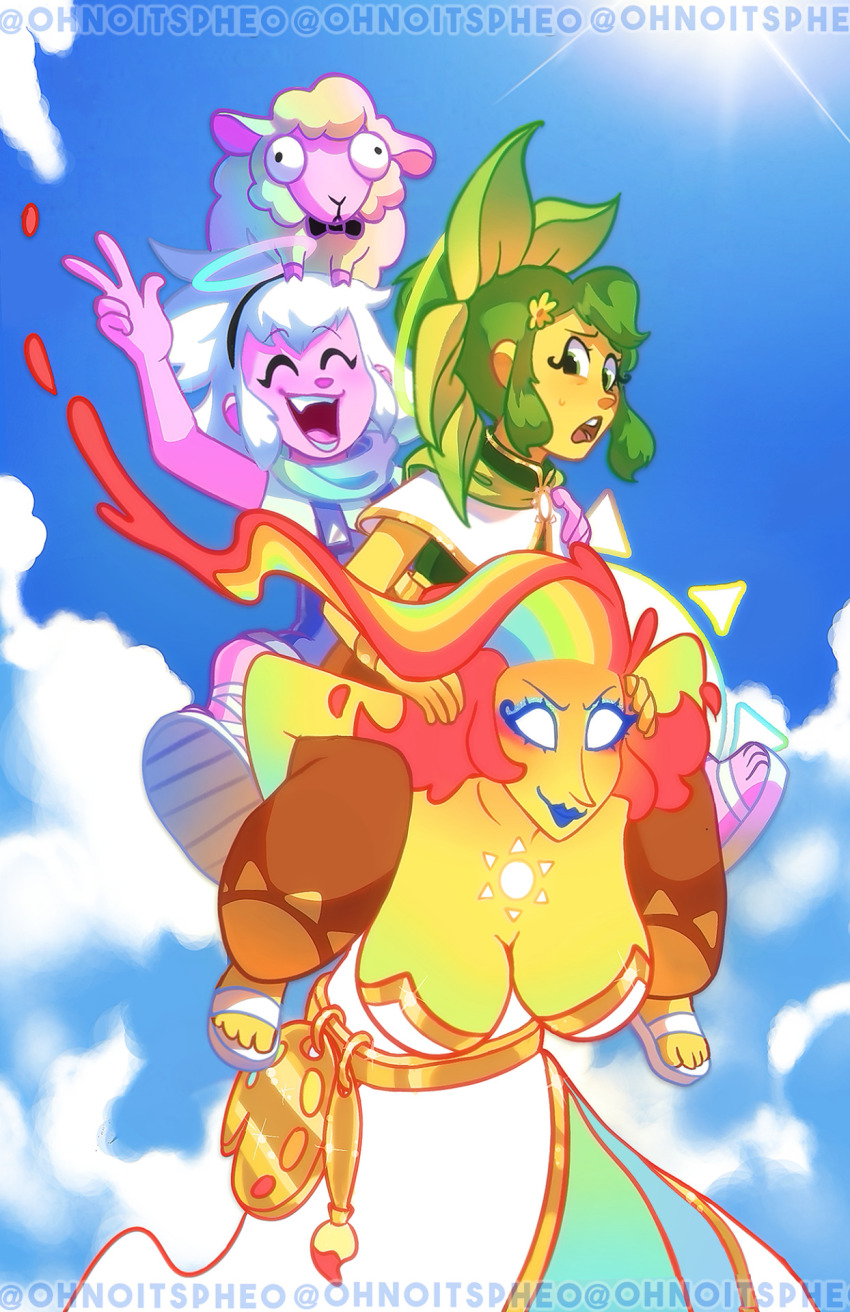 1boy, 2girls, @ohnoitspheo, angel, angel_wings, breasts, brother_and_sister, carrying