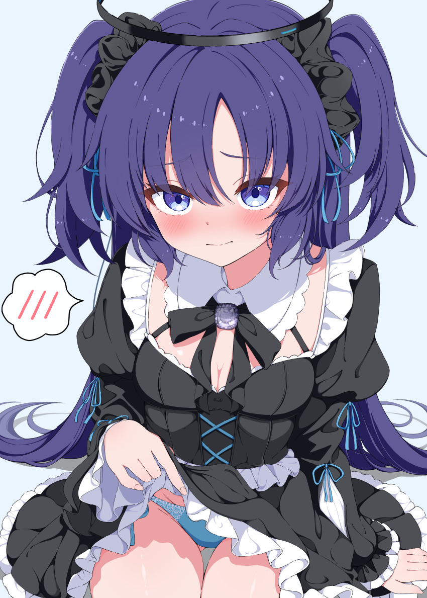 1girl, absurdres, black_panties, blue_archive, blue_panties, blush, bow, breasts