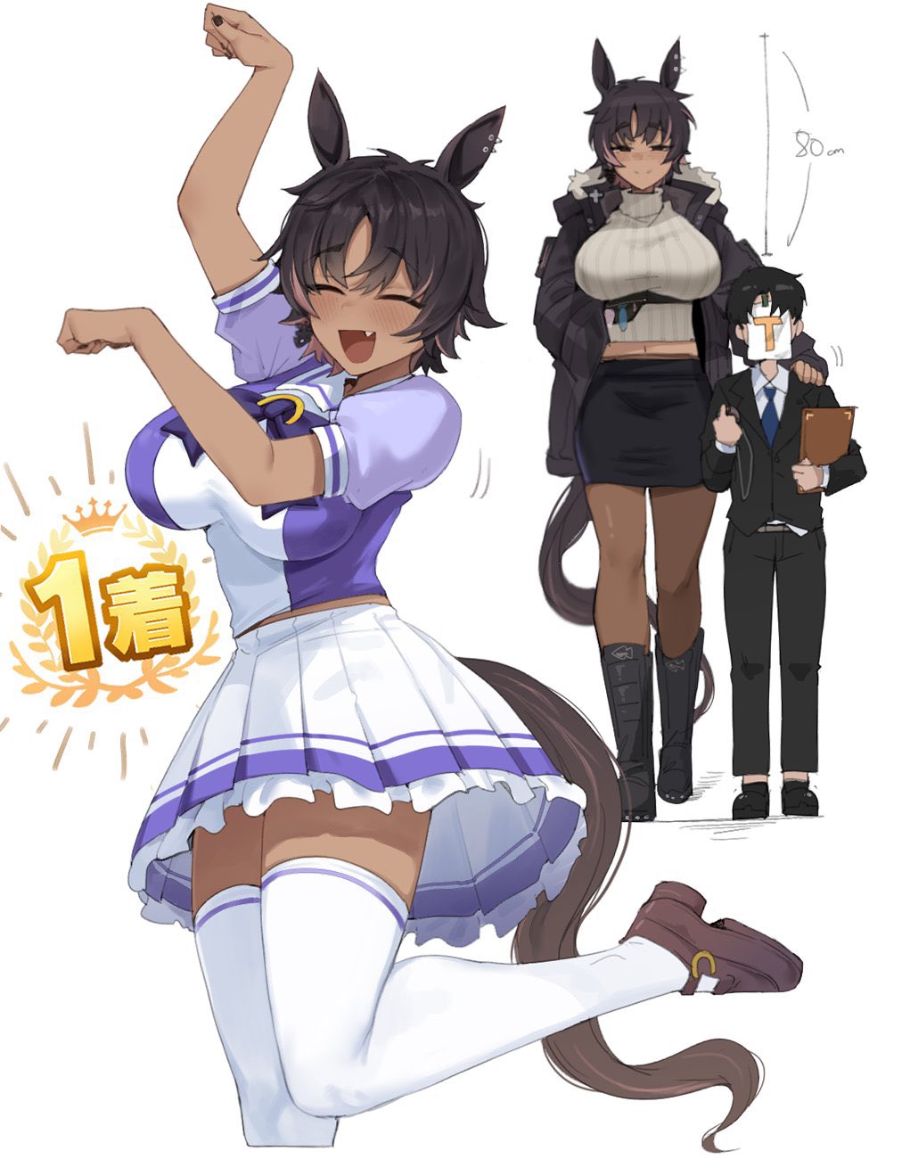1boy, 1girl, animal_ears, black_boots, black_eyes, black_hair, black_jacket, black_nails, black_pants, black_shoes, black_skirt, black_suit, blue_necktie, bon_(vtuber), boots, breasts, brown_shoes, closed_eyes, collared_shirt, dark-skinned_female, dark_skin, ear_piercing, fang, formal_clothes, gurenola, height_difference, highres, horse_ears, horse_girl, horse_pose, horse_tail, indie_virtual_youtuber, jacket, large_breasts, motion_lines, multicolored_hair, navel, necktie, open_clothes, open_jacket, open_mouth, pants, pantyhose, piercing, pink_hair, pleated_skirt, ribbed_sweater, school_uniform, second-party_source, shirt, shoes, skirt, streaked_hair, suit, sweater, tail, thighhighs, tracen_school_uniform, trainer_(umamusume), umamusume, virtual_youtuber, white_shirt, white_sweater, white_thighhighs