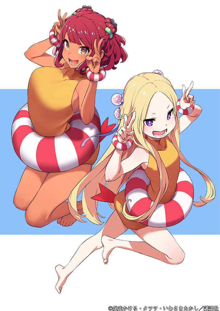 2girls, arched_back, arms_up, blonde_hair, blush, bob_cut, breasts, brown_eyes
