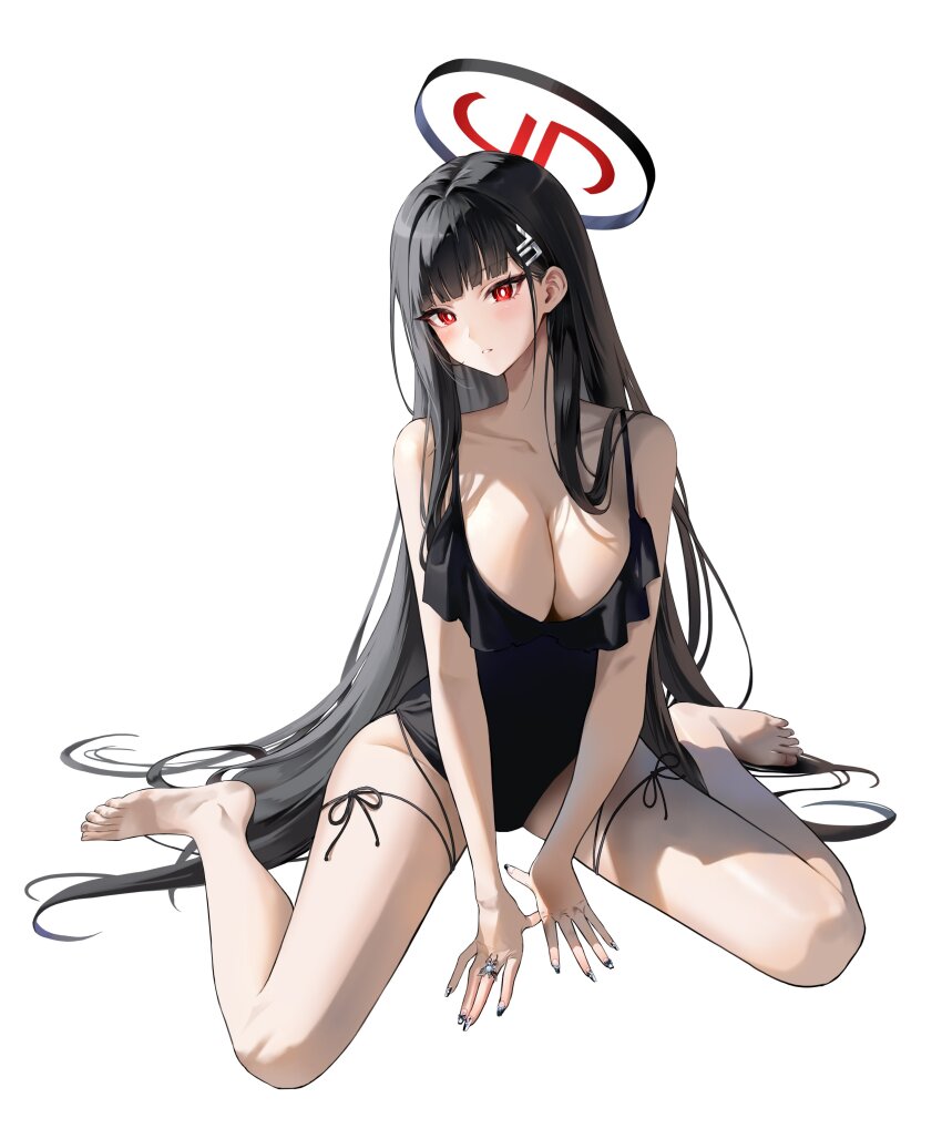 1girl, absurdres, alternate_costume, barefoot, black_hair, black_halo, black_one-piece_swimsuit, blue_archive
