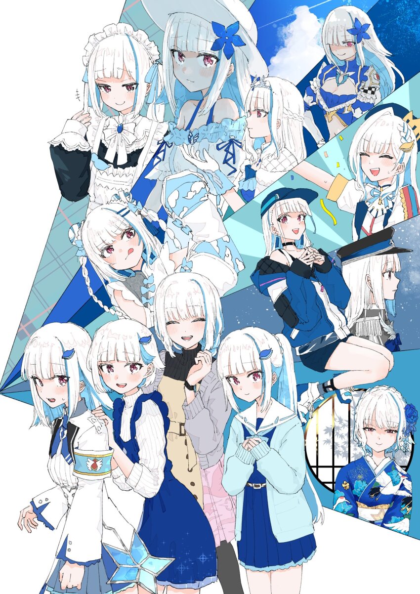 :q, armband, baseball_cap, beret, black_sweater, blue_armband, blue_cardigan, blue_dress