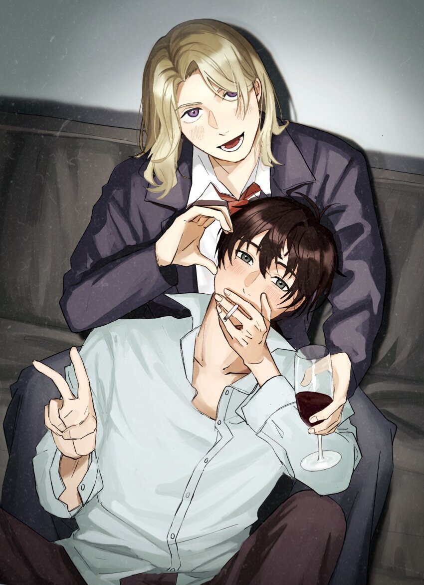 2boys, absurdres, alcohol, axis_powers_hetalia, blonde_hair, blush, brown_hair, chiqma0
