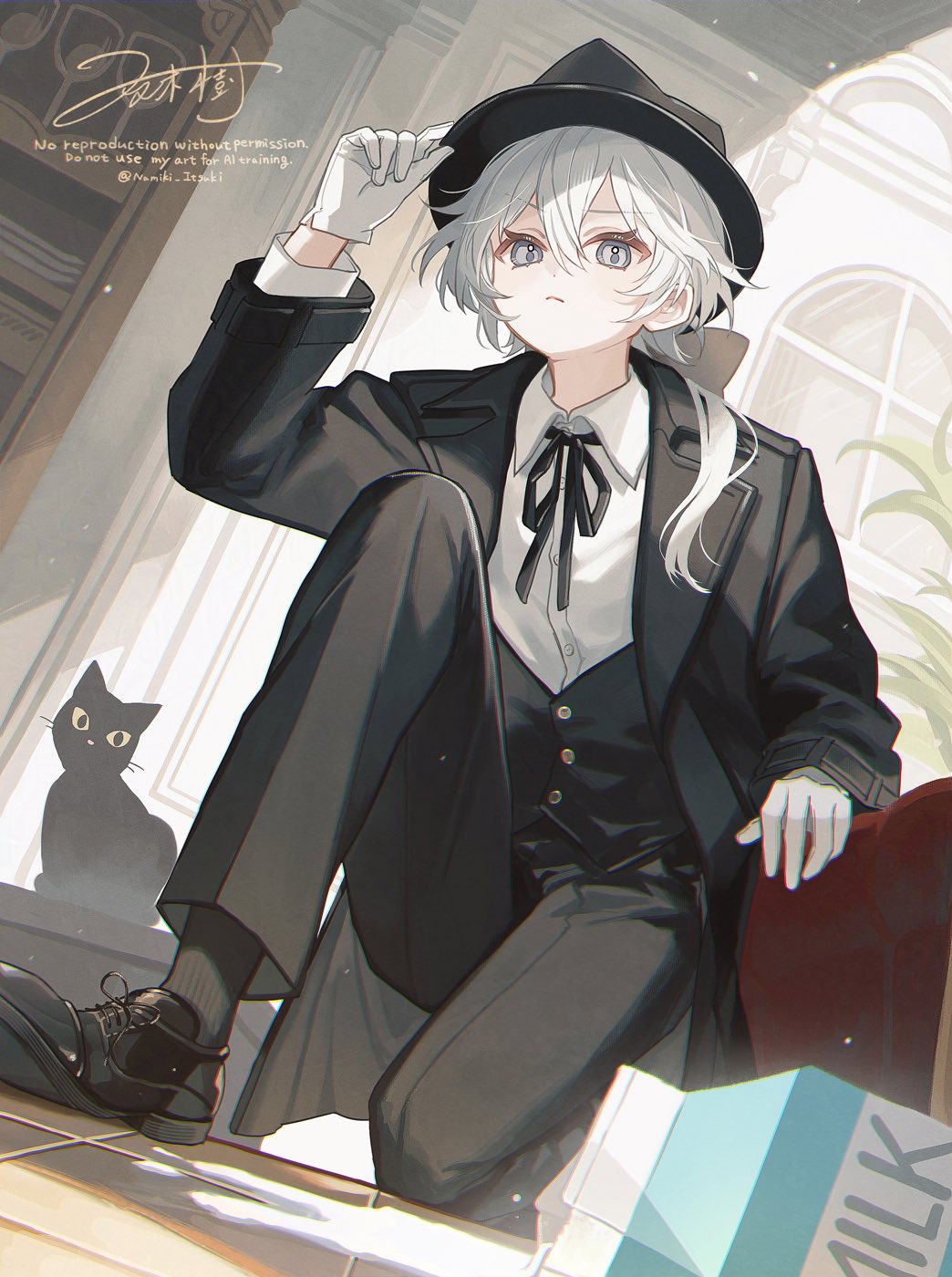 1boy, black_cat, black_hat, black_pants, bookshelf, bow, bowtie, cat