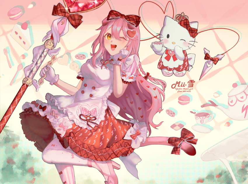 1girl, ;d, accurate_lolita_coord, arknights, bow, breasts, cake, cake_slice, cookie, dress, food, foot_out_of_frame, fork, gloves, goldenglow_(arknights), goldenglow_(party_in_the_garden)_(arknights), gradient_background, hair_bow, hair_ornament, hand_on_own_cheek, hand_on_own_face, hand_up, heart, heart_hair_ornament, heart_wand, hello_kitty, hello_kitty_(character), high_heels, highres, holding, holding_wand, leg_up, lightning_bolt_print, lolita_fashion, long_hair, looking_at_viewer, macaron, medium_breasts, official_alternate_costume, one_eye_closed, open_mouth, pantyhose, pink_background, pink_hair, pink_shoes, pink_tail, plaid_bow, puffy_short_sleeves, puffy_sleeves, red_bow, red_dress, rimii_yuki, sanrio, shoes, short_sleeves, smile, solo, spoon, standing, standing_on_one_leg, sweet_lolita, teapot, two-tone_dress, wand, white_dress, white_gloves, white_pantyhose, winged_wand, yellow_background, yellow_eyes