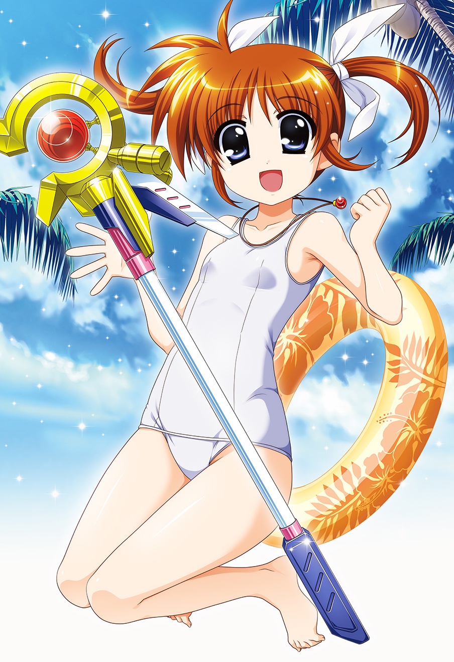 1girl, bare_arms, barefoot, blue_eyes, breasts, collarbone, commentary_request, day