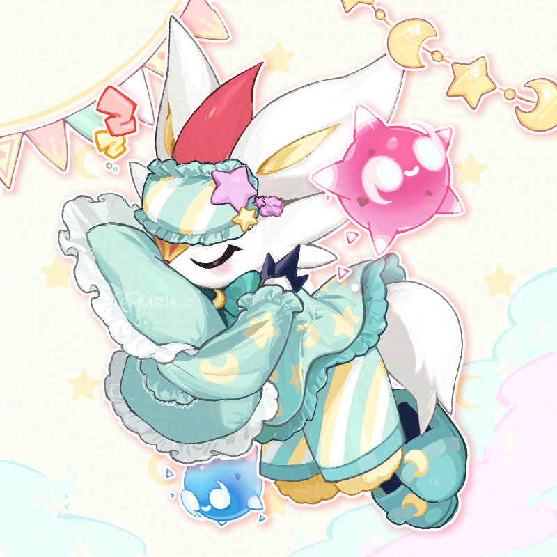 1other, adversarial_noise, animal_ears, animal_nose, artist_name, bedtime, blue_pajamas, blue_shirt, blue_slippers, blush, body_fur, cinderace, cinderace_(bedtime), closed_eyes, closed_mouth, clothed_pokemon, commentary_request, crescent, crescent_print, detached_sleeves, eye_mask, full_body, furry, gen_7_pokemon, gen_8_pokemon, happy, holding, holding_pillow, hugging_object, long_sleeves, mask, mask_on_head, minior, minior_(blue_core), minior_(core), minior_(red_core), multicolored_shorts, nintendo, other_focus, outline, pajamas, pillow, pillow_hug, pokemon, pokemon_(creature), pokemon_unite, rabbit_ears, rabbit_tail, red_hair, shirt, short_hair, shorts, signature, sleeping, sleeveless, sleeveless_shirt, slippers, smile, sok_(mr14_c), solo_focus, star_(symbol), star_print, string_of_flags, striped_clothes, striped_shorts, tail, twitter_username, u_u, white_fur, white_outline, zzz