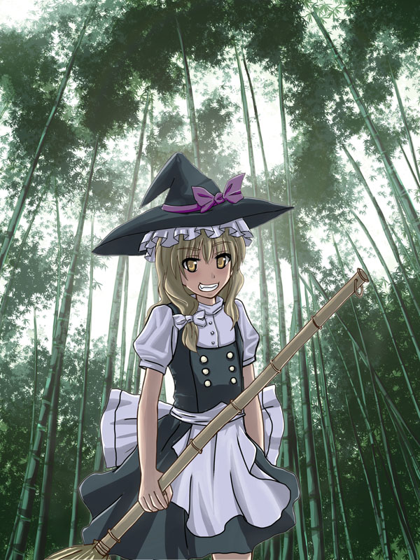 1girl, apron, avalon_(kuroame), bamboo, bamboo_broom, bamboo_forest, black_hat, black_skirt