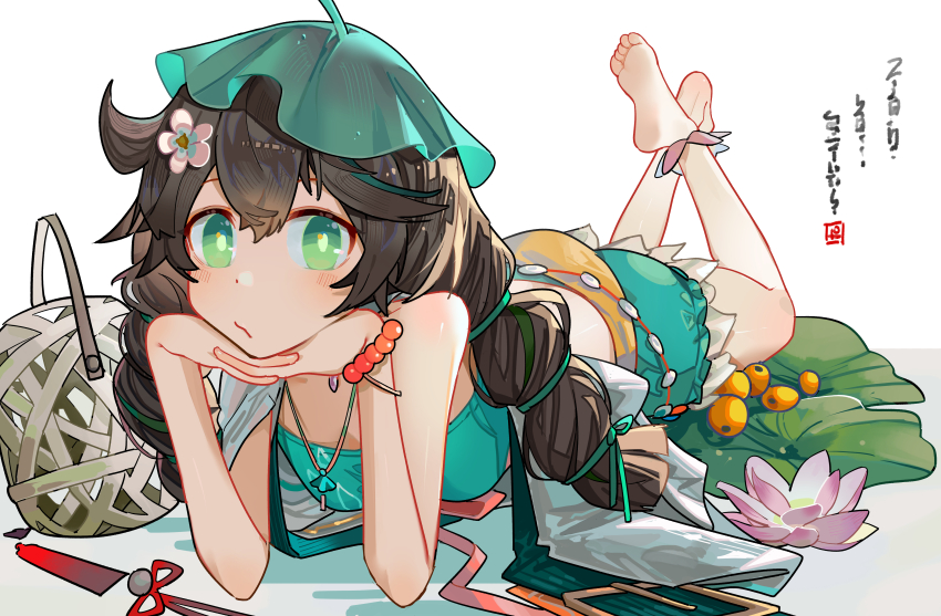 1girl, absurdres, arknights, barefoot, bead_bracelet, beads, bikini, bracelet, braid, brown_hair, cuora_(amongst_lotuses)_(arknights), cuora_(arknights), flower, green_bikini, green_eyes, green_hair, hair_flower, hair_ornament, head_rest, highres, jewelry, kanshio, long_hair, looking_at_viewer, lotus, lying, multicolored_hair, necklace, official_alternate_costume, on_stomach, pink_flower, solo, streaked_hair, swimsuit, twin_braids, two-tone_hair
