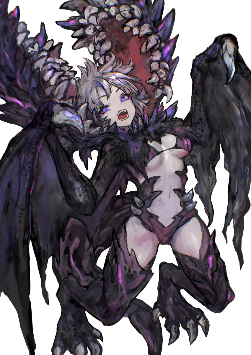1girl, absurdres, adel_(elden_ring), bikini, bikini_top_only, black_skin, breasts, clawed_wings, colored_skin, dragon_girl, dragon_tail, dragon_wings, elden_ring, elden_ring_nightreign, highres, medium_breasts, monster, navel, open_mouth, personification, purple_eyes, sabamiso_taro, short_hair, solo, swimsuit, tail, teeth, white_background, white_hair, wings