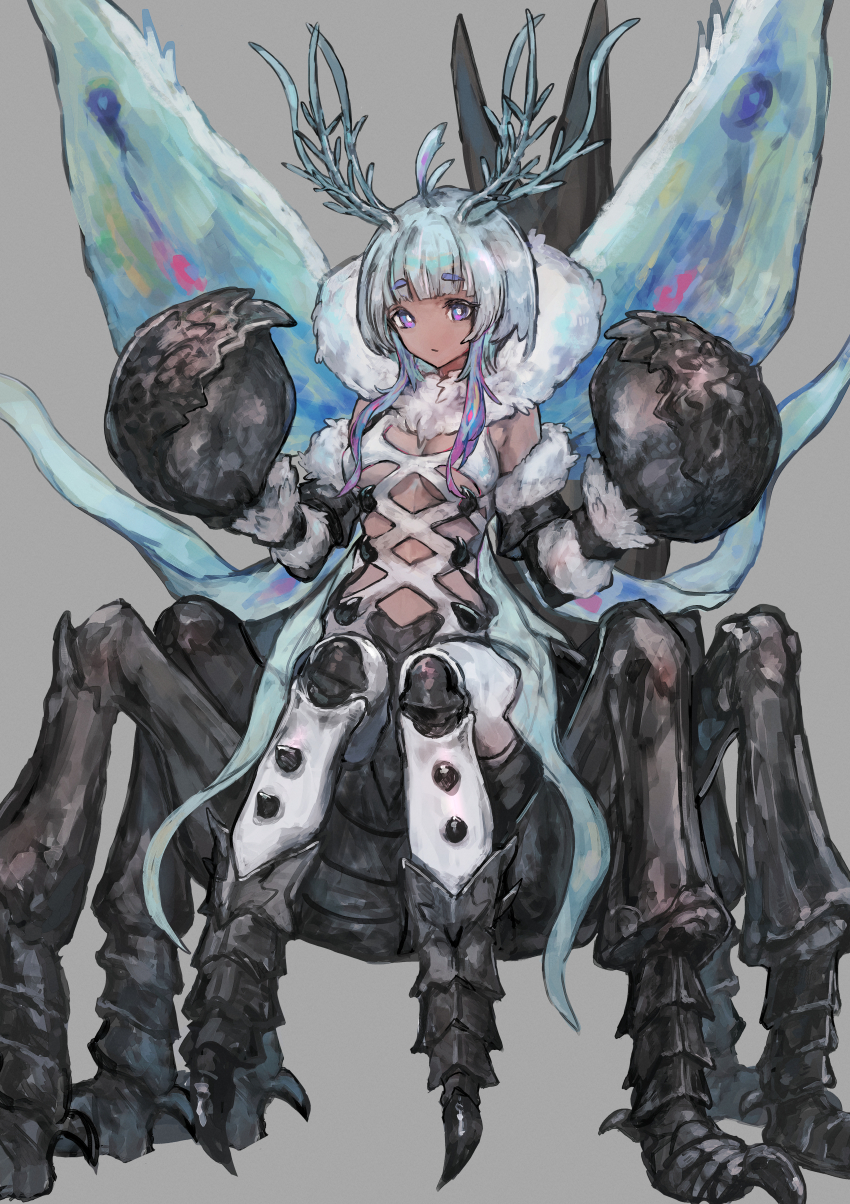 1girl, absurdres, antennae, arthropod_girl, arthropod_limbs, breasts, bug, criss-cross_straps, elden_ring, elden_ring_nightreign, faurtis_(elden_ring), fur_collar, gnoster_(elden_ring), grey_background, highres, hikimayu, huge_claws, insect, insect_girl, insect_wings, long_sidelocks, medium_breasts, monster, monster_girl, moth, moth_antennae, moth_girl, moth_wings, personification, pink_eyes, sabamiso_taro, scorpion, short_hair, sidelocks, simple_background, wings