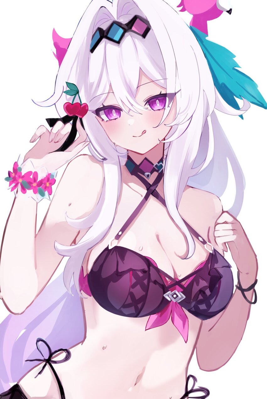 1girl, bikini, bracelet, breasts, cleavage, commentary, criss-cross_halter, flower_bracelet