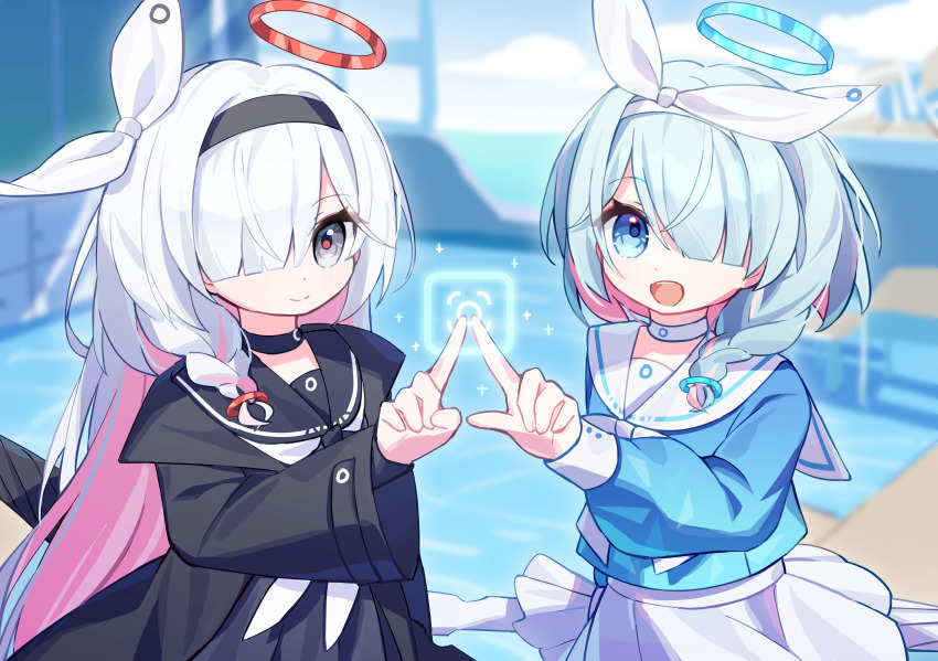 2girls, absurdres, aqua_hair, aqua_halo, arona_(blue_archive), black_choker, black_coat, black_hairband