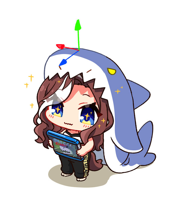 +_+, 1girl, :3, animal_costume, blu-ray_cover, blue_eyes, brown_hair, chibi