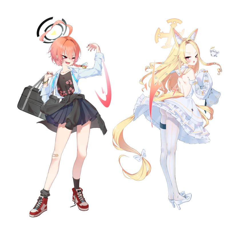 >_o, 2girls, absurdres, ahoge, animal_ear_fluff, animal_ears, bag, bandaid