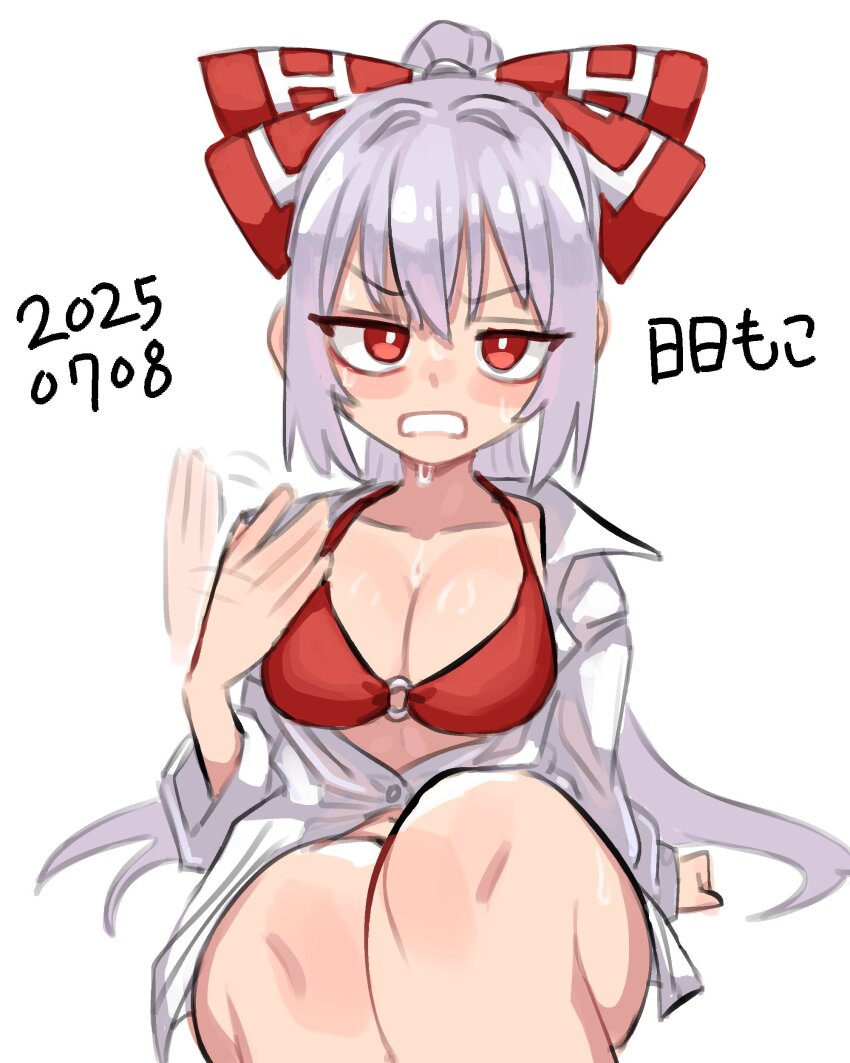 1girl, absurdres, alternate_hairstyle, bow, bra, breasts, crossed_legs, fujiwara_no_mokou